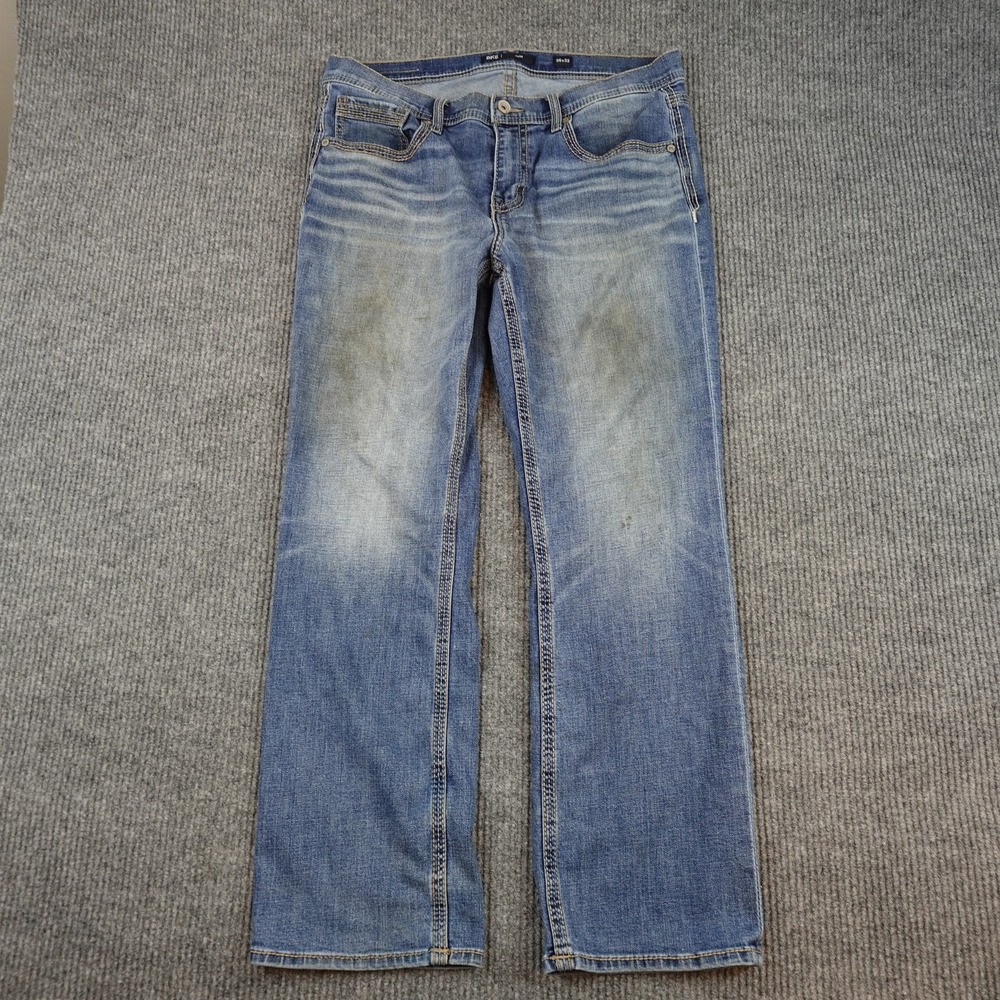 BKE Jake Straight Jeans Mens 36x32 Medium Wash Blue Distressed Stains Stretch